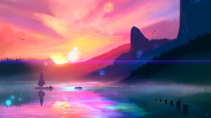 JoeyJazz, landscape, sunset, digital art