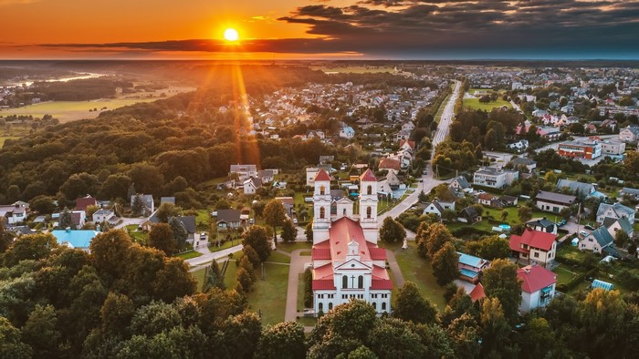 aerial view, sunlight, sky, Lithuania, town, landscape