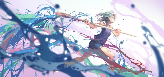 4K, paint splash, Shijohane, running, anime, anime girls, paint brushes, cyan hair