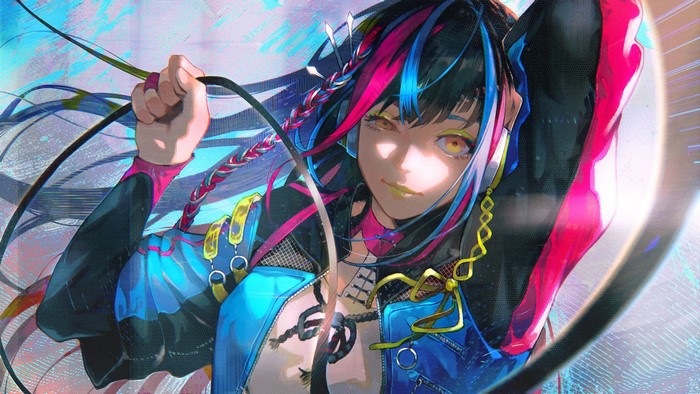long hair, lipstick, wires, ribbons, blue, rings, anime, multi-colored hair, jacket, 9bamelo, headphones, harusaruhi, looking at viewer, anime girls, yellow eyes