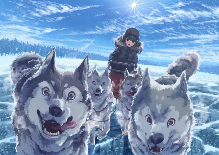 4K, dog, Rin Shima, clouds, sky, Yuru Camp, anime, Sun, forest, Siberian Husky, snow, anime girls, ice, purple eyes, open mouth, blue hair, sled