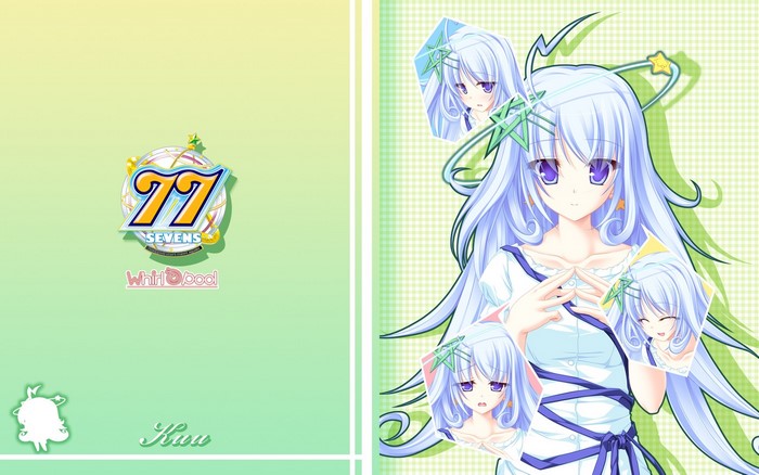 anime, bangs, blue ribbons, Sevens and, blushing, long hair, happy, star earrings, dress, looking at viewer, white dress, two stars meet again, pentagram, Kuu, series, blue eyes, blue hair, stars, shy, Halo, anime girls