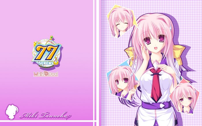 pink hair, happy, smiling, pink eyes, Isuneha Miki, blushing, anime girls, bow, school uniform, Sevens and, two stars meet again, purple tint, sad, hair pins, hair bows, anime, bangs, multi-colored hair