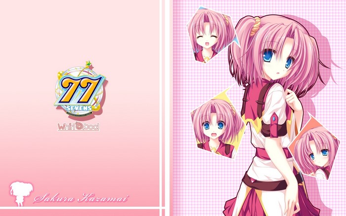 open mouth, anime girls, Kazamai Sakura, happy, short hair, pink hair, dress, bangs, blushing, two stars meet again, anime, blue eyes, Sevens and, series, school uniform, tie, looking at viewer, surprised