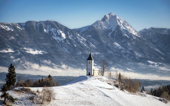 4K, snowy mountain, snowy peak, winter, church, nature, snow, outdoors, Slovenia, building, landscape, cold, mountains