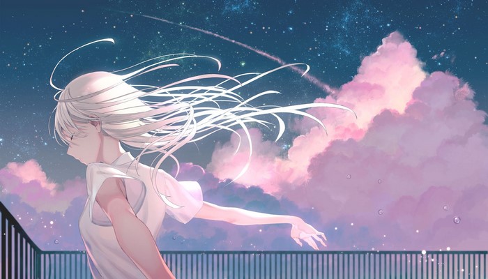 anime girls, T-shirt, closed eyes, white hair, anime, Kururi, sky