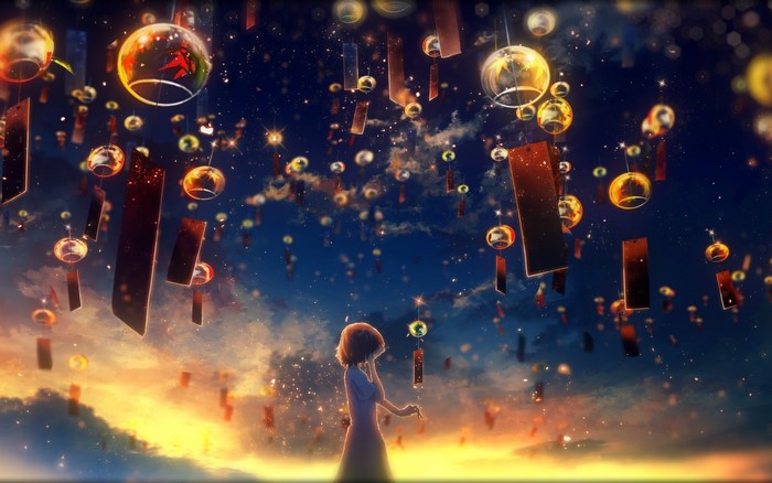 anime girls, artwork, lantern, sky
