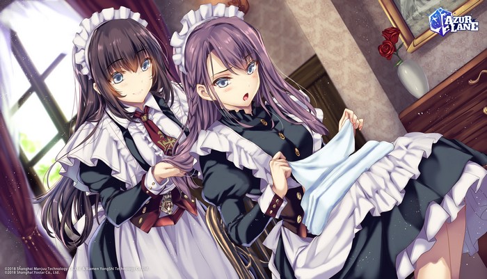 blush, window, artwork, sitting, Curlew (Azur Lane), Moneti, bangs, braided hair, illustration, blue eyes, anime, digital art, long hair, purple hair, head band, brunette, shy, maid, Azur Lane, open mouth, anime girls, maid outfit, Curacoa (Azur Lane), smiling