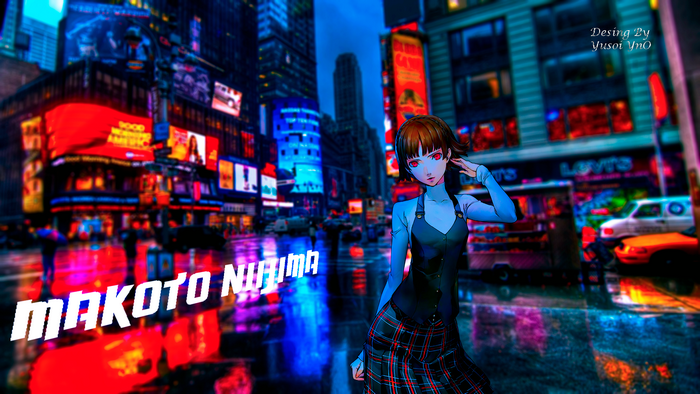 video game art, black hair, realistic, Persona 5, anime girls