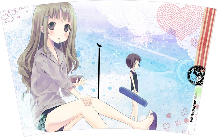 bangs, artwork, sandels, Pudding, brown eyes, short hair, anime girls, art installation, hair pins, illustration, long hair, gray eyes, loli, looking at viewer, birds, Spiky Hair, brunette, school swimsuits, gray jacket, wavy hair, anime