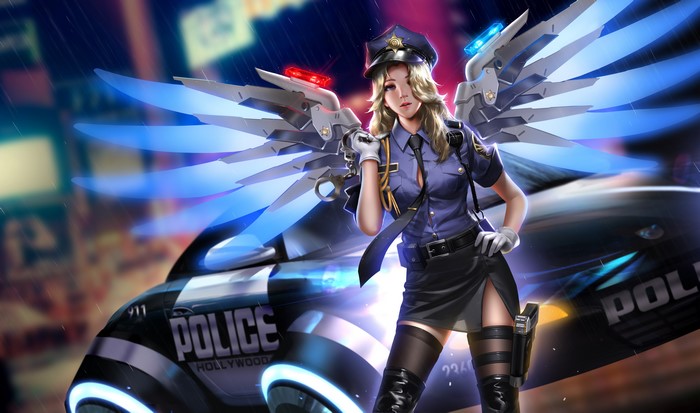 4K, Overwatch, artwork, digital art, blonde, stockings, police women, illustration, Mercy (Overwatch), video game girls, video games, night, berets, wings, knee-high boots, rain, futuristic, car, Liang-Xing, drawing, cyberpunk, video game characters, police cars, fan art