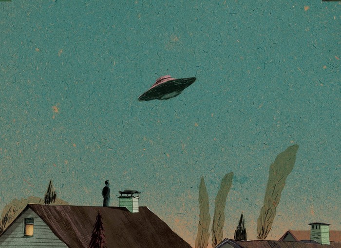house, artwork, sky, UFO, painting, UFOs