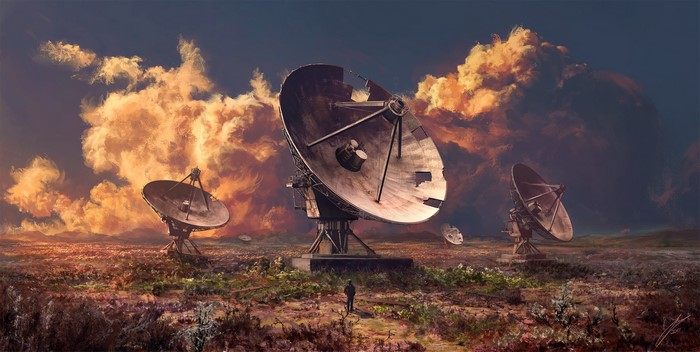 satellite dish, Julian Bauer, ruins, clouds, digital art