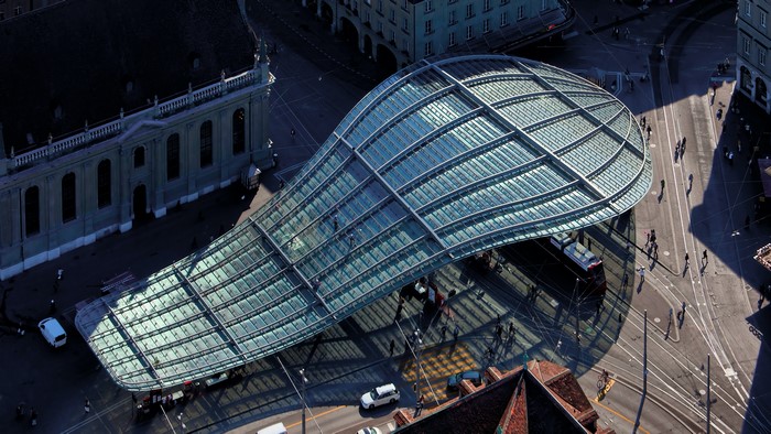 4K, aerial view, architecture, train station