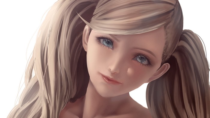 Persona series, looking at viewer, simple background, smile, twintails, blonde, long hair, face, anime girls, women, digital art, Persona 5, anime, blue eyes, Ann Takamaki