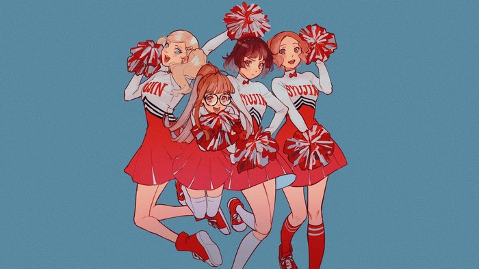 Persona series, Futaba, redhead, anime, looking at viewer, cheerleaders, thigh-highs, anime girls, simple background, Sakura Futaba, dress, Ann Takamaki, long hair, digital art, Makoto Niijima, sageo yn, blonde, glasses, Haru Okumura, Persona 5, twintails