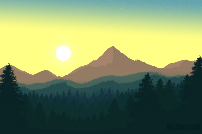 Kabachek, CG, mountain top, mountains, digital, nature, 2D Flat, sunrise, forest