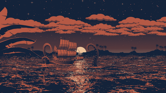 pixel art, stars, sea, palm trees, ship, Kraken, clouds, digital