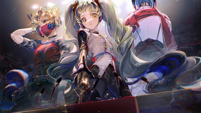 anime, anime boys, blue hair, gray eyes, yellow eyes, Vocaloid, friendship, mask, twintails, bangs, team, headphones, blonde, anime girls, scarf, microphone, choker