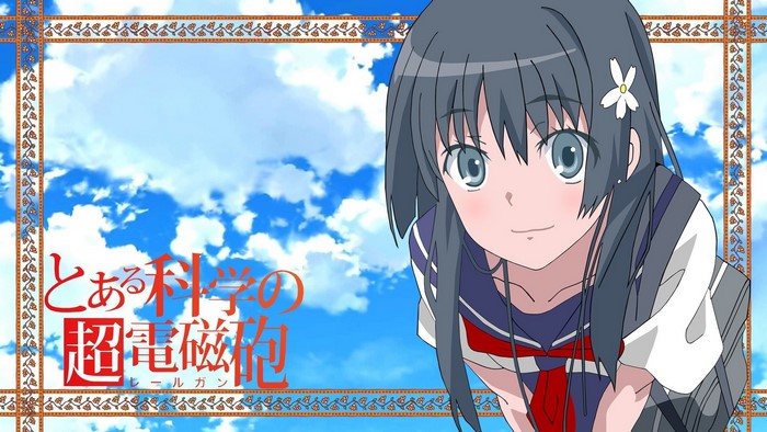 sky, looking at viewer, Saten Ruiko, To Aru Kagaku no Railgun, clouds, schoolgirl, gray eyes, schoolbags, bangs, anime girls, flower in hair, school uniform, gray hair