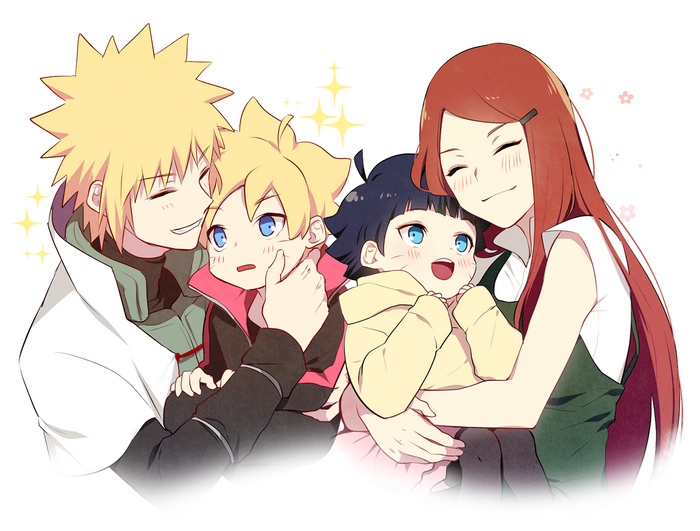 blonde, Uzumaki Himawari, anime boys, Spiky Hair, anime girls, black hair, redhead, blue eyes, white background, children, hair pins, family, Uzumaki minato, happy, Uzumaki Boruto, Uzumaki Kushina, simple background, blushing, bangs, smiling