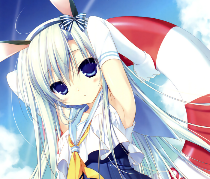 blue eyes, bunny ears, anime girls, clouds, artwork, gloves, white hair, anime, bunny girl, looking at viewer, long hair, loli, ribbons