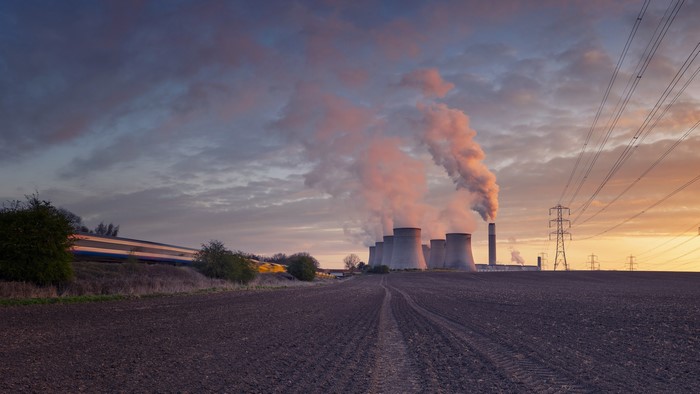 4K, industrial, vehicle, field, landscape, sky, cooling towers, sunlight, outdoors, power lines, train