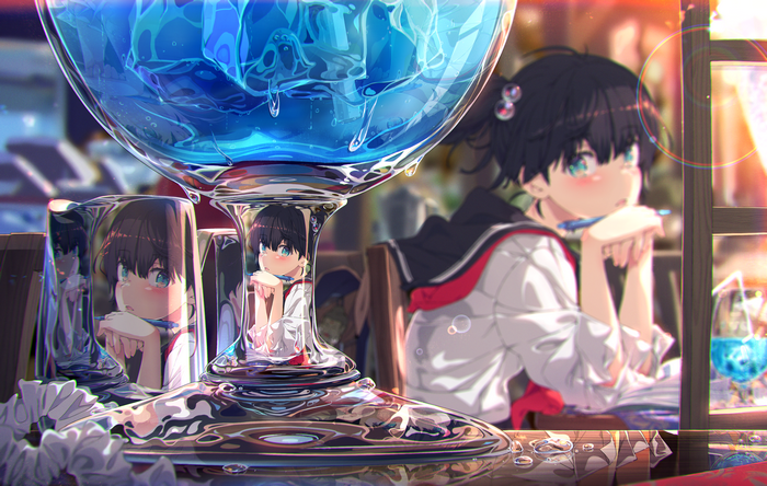 dark hair, anime girls, light effects, barrette, depth of field, Ogipote, 荻pote, table, anime, blue eyes, ice, pen, sailor uniform, artwork, water drops, glass