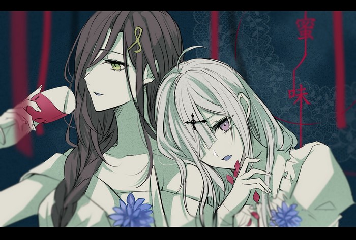 green eyes, anime, drinking glass, hair in face, wine, long hair, anime girls, two women