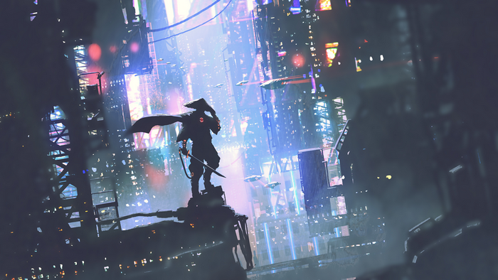 4K, samurai, city, fantasy art, artwork, futuristic