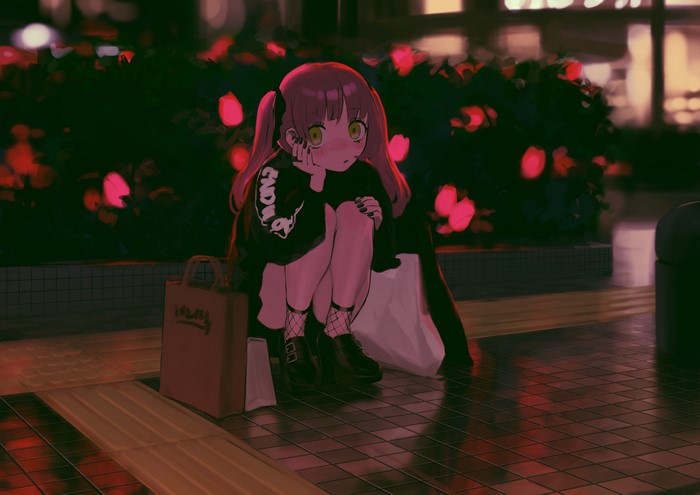 4K, looking at viewer, night, bangs, artwork, city lights, 2D, fishnet, kneeling, black nails, redhead, black shorts, black sweater, green eyes, original characters, embarrassed, twintails, roses, anime girls, anime, women outdoors, thighs