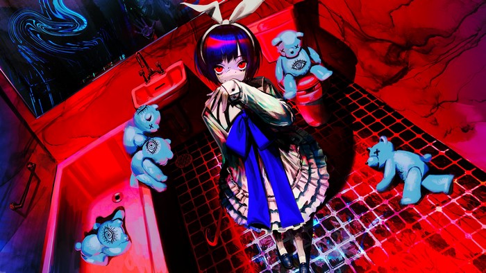 4K, bathroom, short hair, mirror, teddy bears, red eyes, skirt, bunny ears, crowbar, blood, looking at viewer, anime, toilets, anime girls