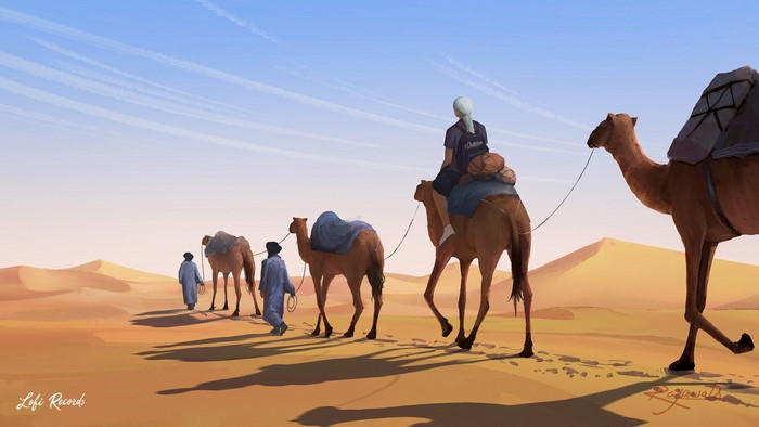 Surendra Rajawat, Sahara, camels, digital painting