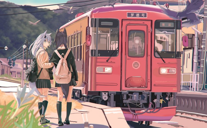 4K, Arknights, Lappland (Arknights), Texas (Arknights), school uniform, wolf girls, anime, Auguste, skirt, anime girls, train