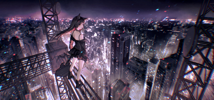 guitar, boots, cat ears, anime, night, barrette, city, red eyes, black hair, anime girls, necklace, skirt, multicolored hair, long hair, looking away, city lights