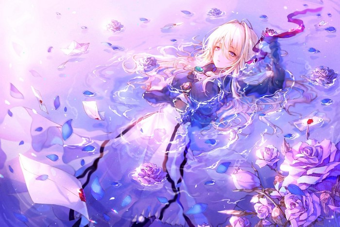 anime, anime girls, in water, Violet Evergarden, rose, blonde, dress