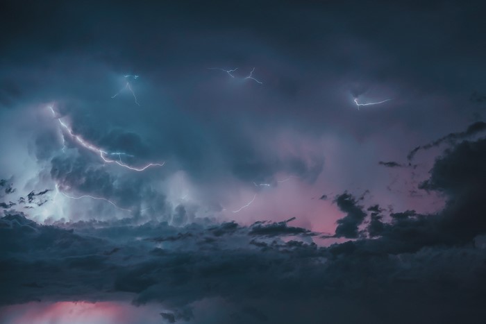 blue, storm clouds, purple, clouds, sunset, lightning