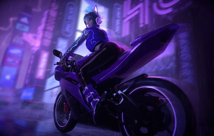 4K, motorcycle, artwork, women, cyberpunk