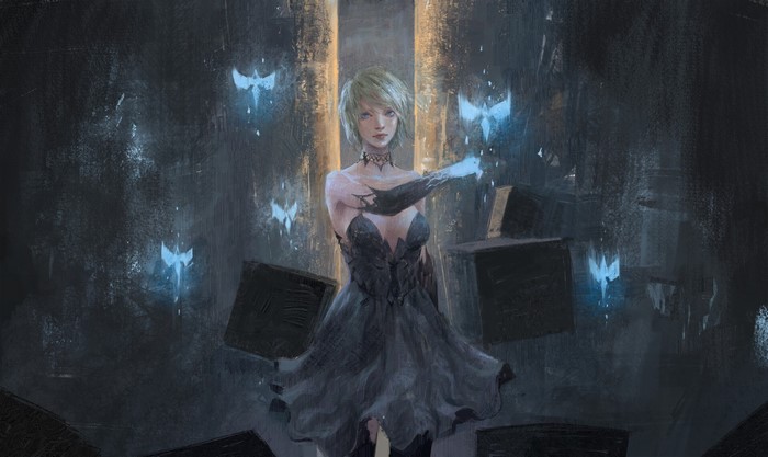 artwork, fantasy girl, short hair, black clothing, dress, black dress, fantasy art, women, looking at viewer, standing
