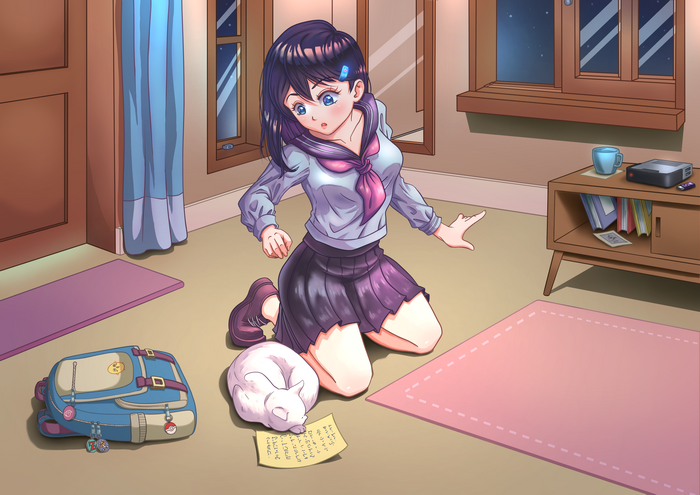 4K, schoolgirl, school uniform, cats, anime girls