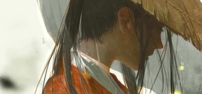 artwork, long hair, closed eyes, ponytail, samurai, women, fantasy art