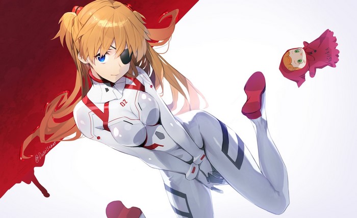 bodysuit, tight clothing, redhead, tight suit, hands between legs, plugsuit, Neon Genesis Evangelion, anime girls, blue eyes, doll, eyepatches, Asuka Langley Soryu