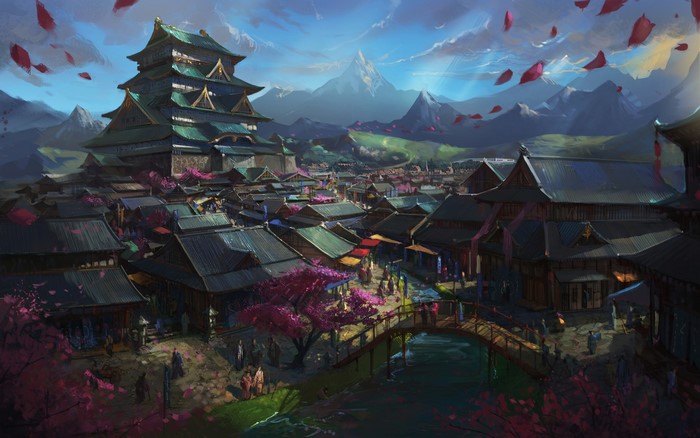 Asian architecture, artwork, architecture, fantasy art, city