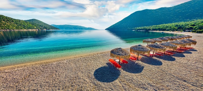 4K, Greece, mountains, trees, sky, idyllic, beach, island, Kefalonia, nature, water, landscape, sea, sunlight, summer