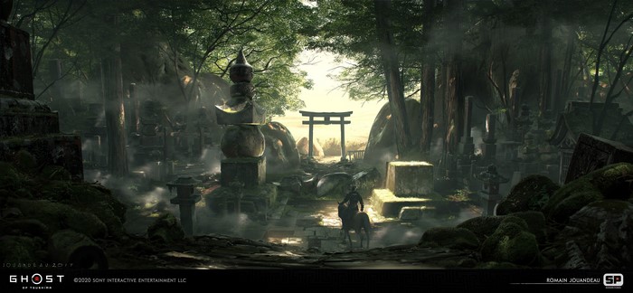 4K, ArtStation, Ghost of Tsushima, samurai, digital, architecture, forest, horse, Romain Jouandeau, torii