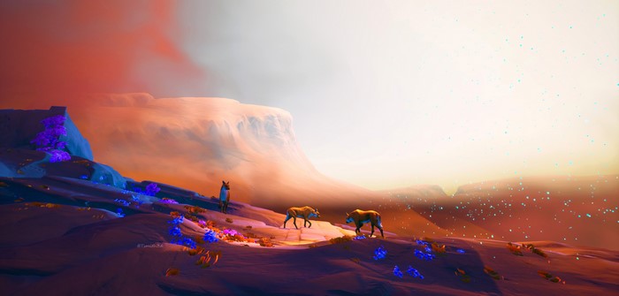 4K, digital art, desert, sand, Tyler Smith, wolf, flowers