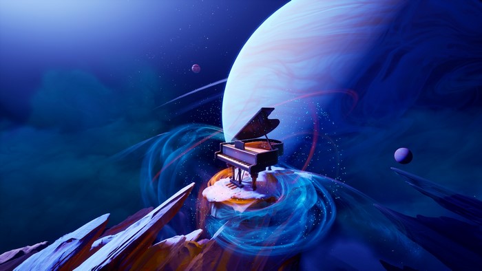 4K, surreal, space, Tyler Smith, digital art, planet, grand piano, fantasy art, piano