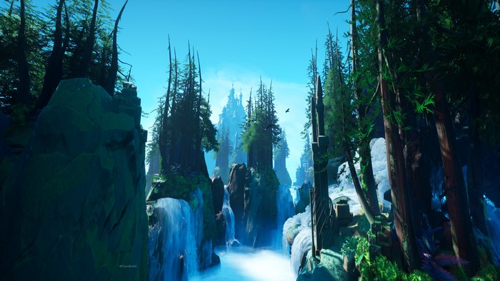 4K, fantasy art, Tyler Smith, digital art, castle, waterfall, trees, forest