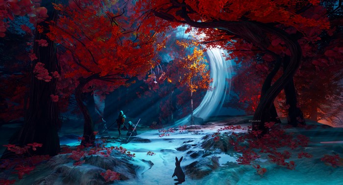 4K, rabbits, spear, forest, JK, Tyler Smith, red, digital art, trees, fantasy art
