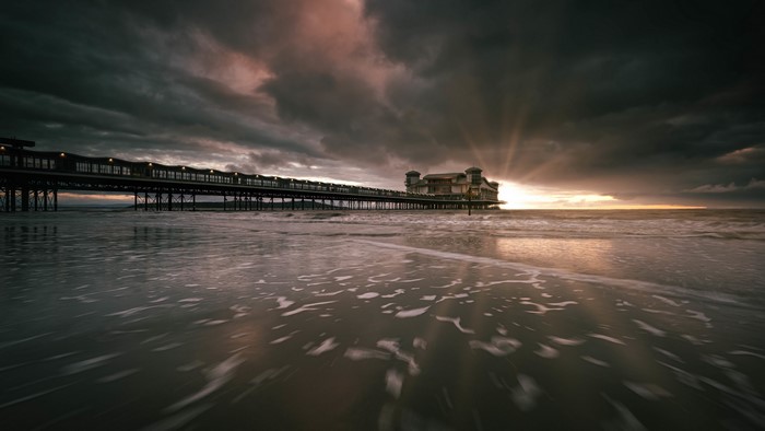 4K, sea, sky, coast, clouds, beach, pier, outdoors, sunlight